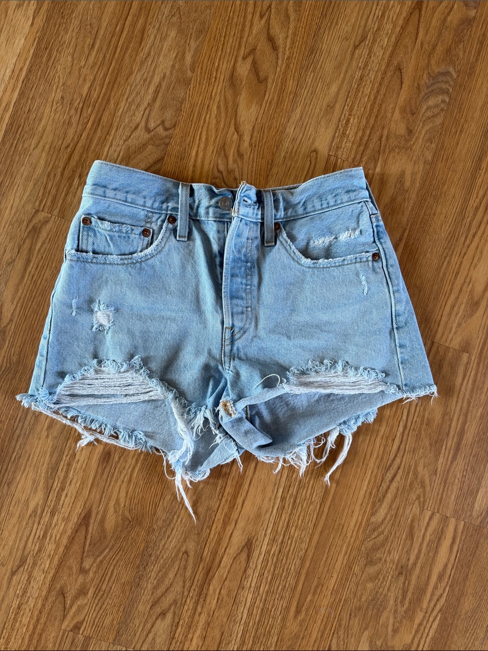 Levi's Light Blue Distressed High-Rise Denim Cutoff Shorts